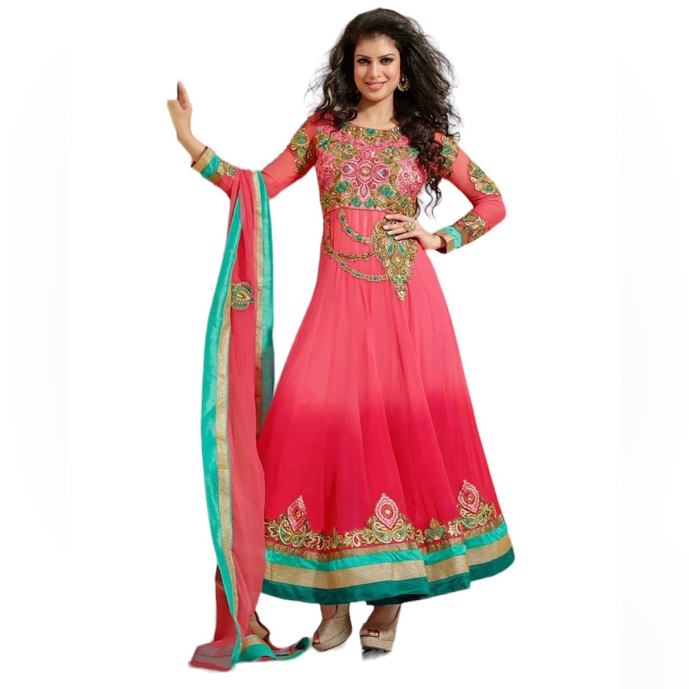Pink Kurta Georgette Embroidered Long Dress